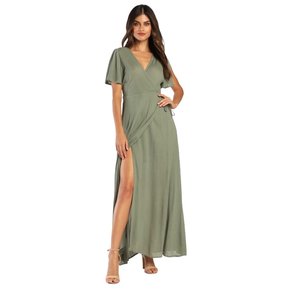 NWT Lulus Much Obliged Washed Olive Green Wrap Maxi Dress